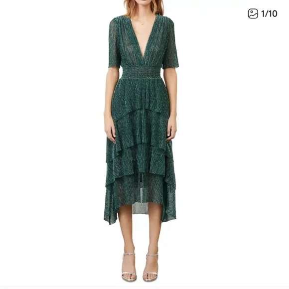 Maje Stretch Lurex Ruffled Dress in Emerald sz 40 8 - Picture 2 of 3
